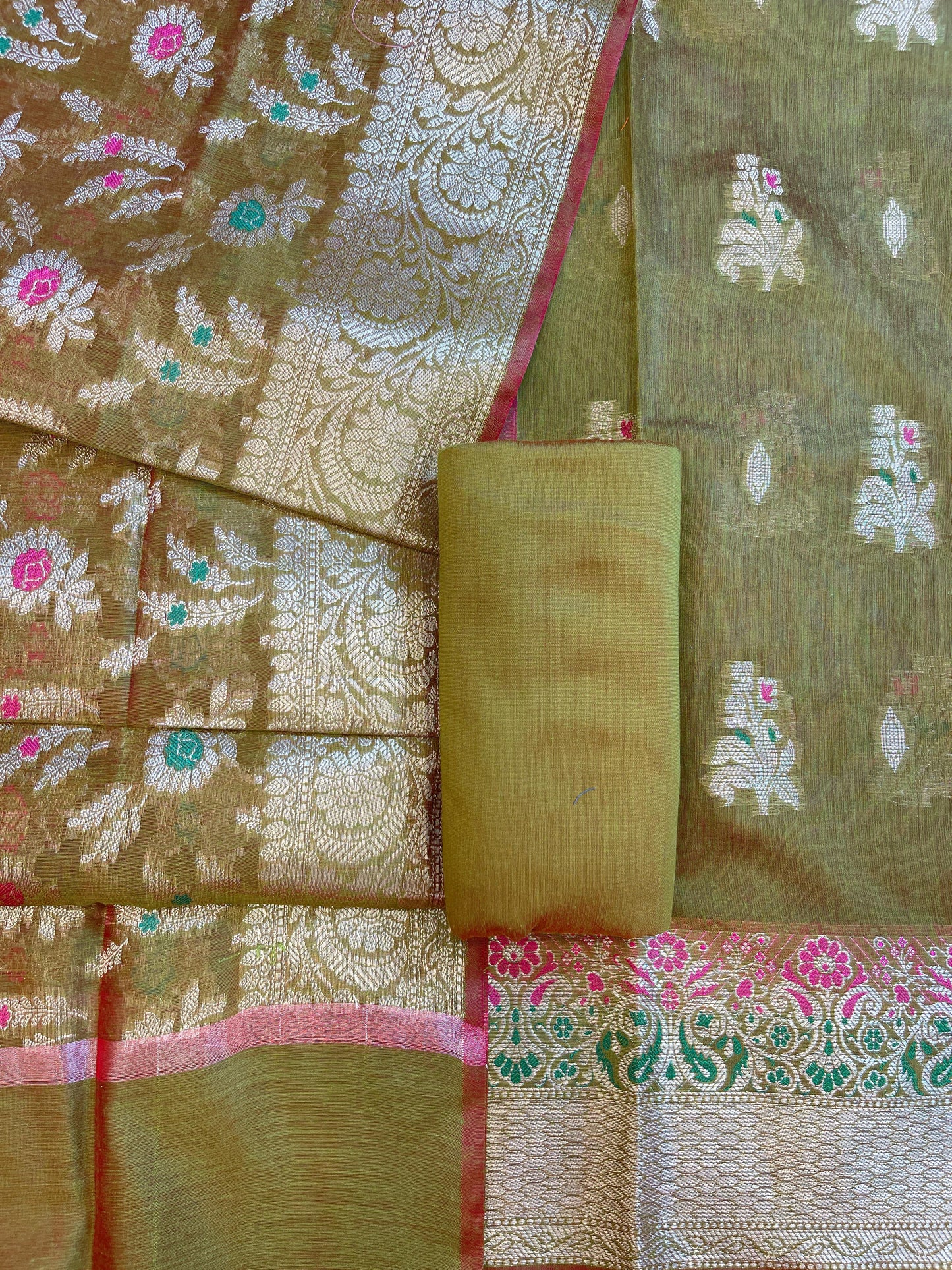 Green Cotton Resham Mina Floral Boota Paisley Border Banarasi Suit 625SHL_CT39