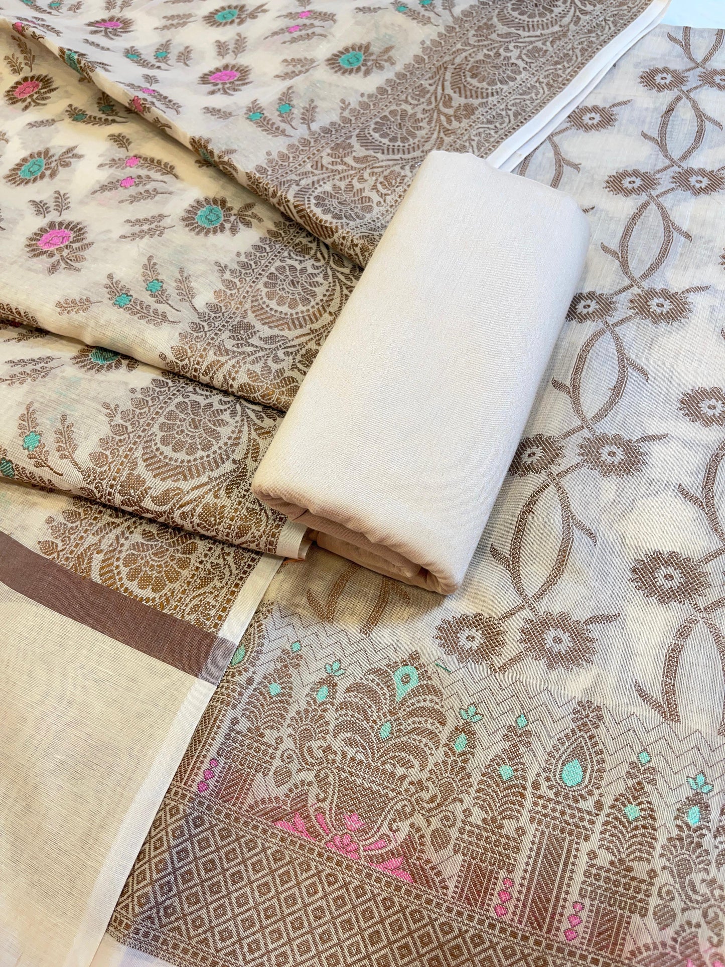 Light Yellow Cotton Resham Zari Floral Jaal Banarasi Suit 625SHL_CT3