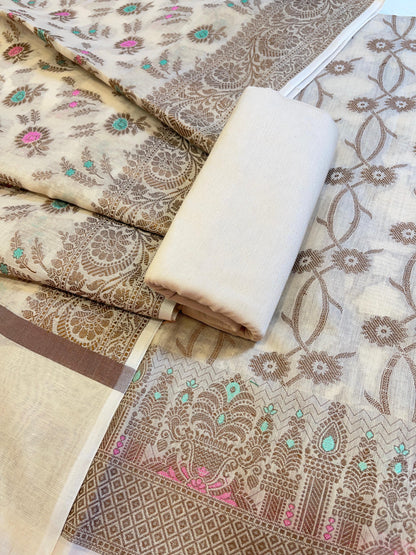 Light Yellow Cotton Resham Zari Floral Jaal Banarasi Suit 625SHL_CT3