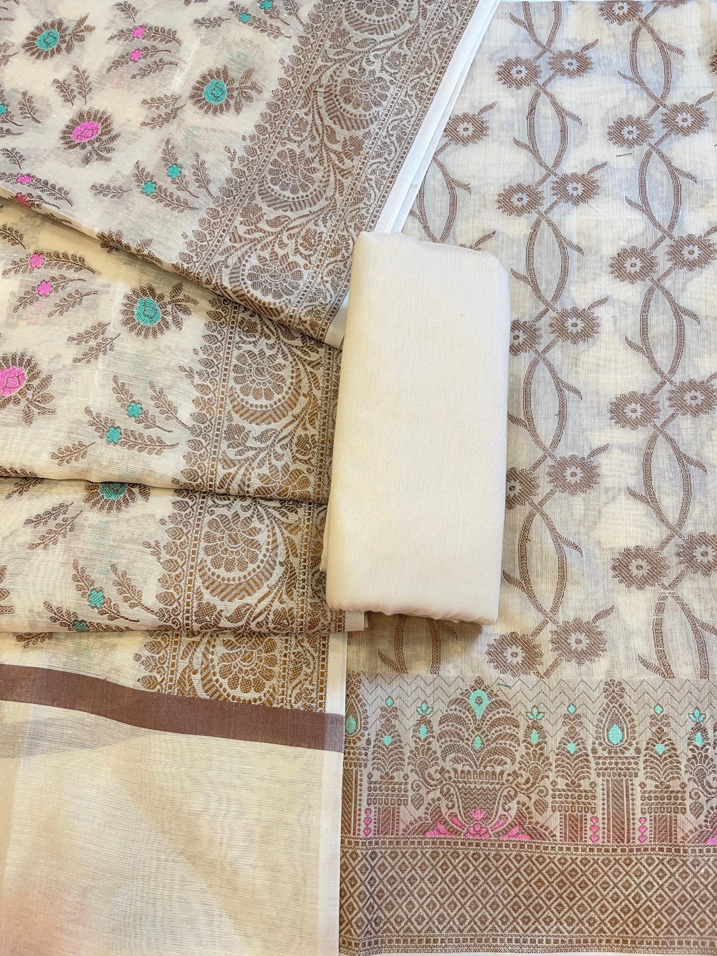 Light Yellow Cotton Resham Zari Floral Jaal Banarasi Suit 625SHL_CT3