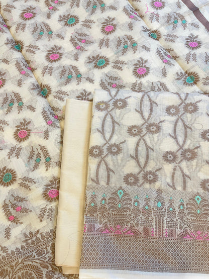 Light Yellow Cotton Resham Zari Floral Jaal Banarasi Suit 625SHL_CT3