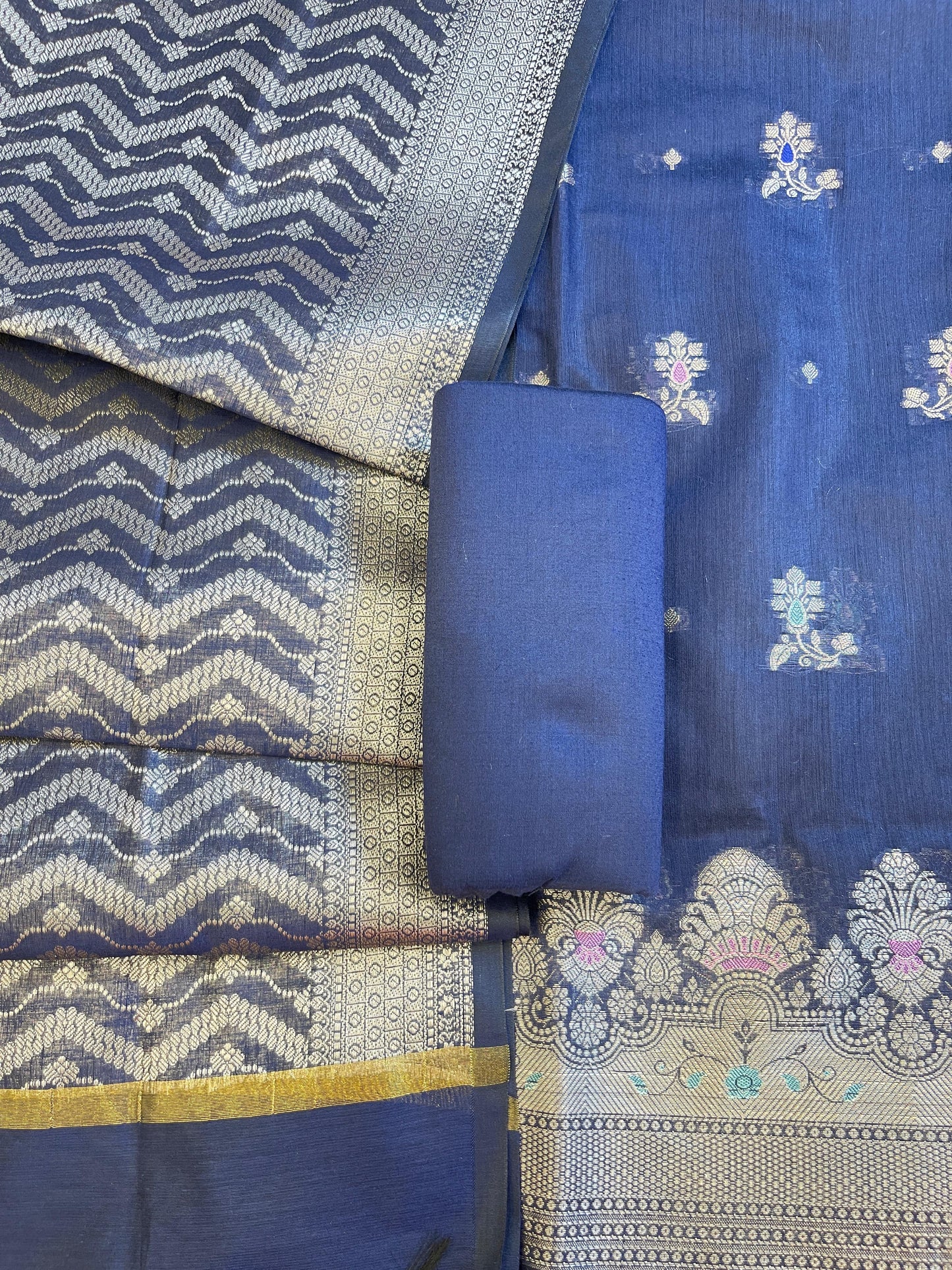 Navy Blue Cotton Resham Minakari Floral Zari Booti Banarasi Suit  625SHL_CT40