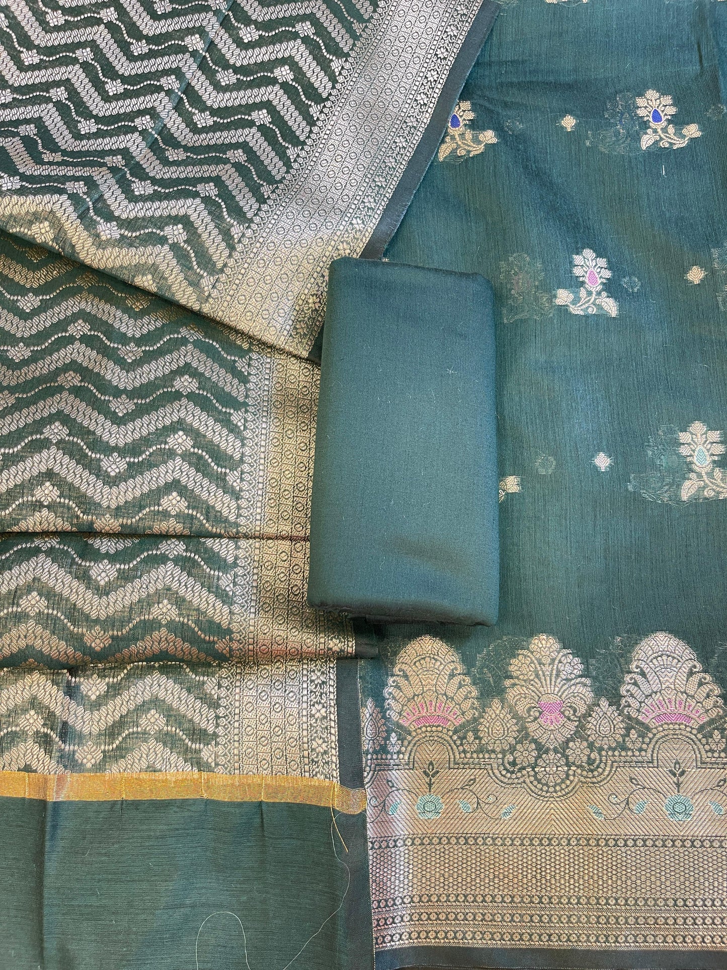 Dark Green Cotton Resham Minakari Floral Zari Booti Banarasi Suit  625SHL_CT43