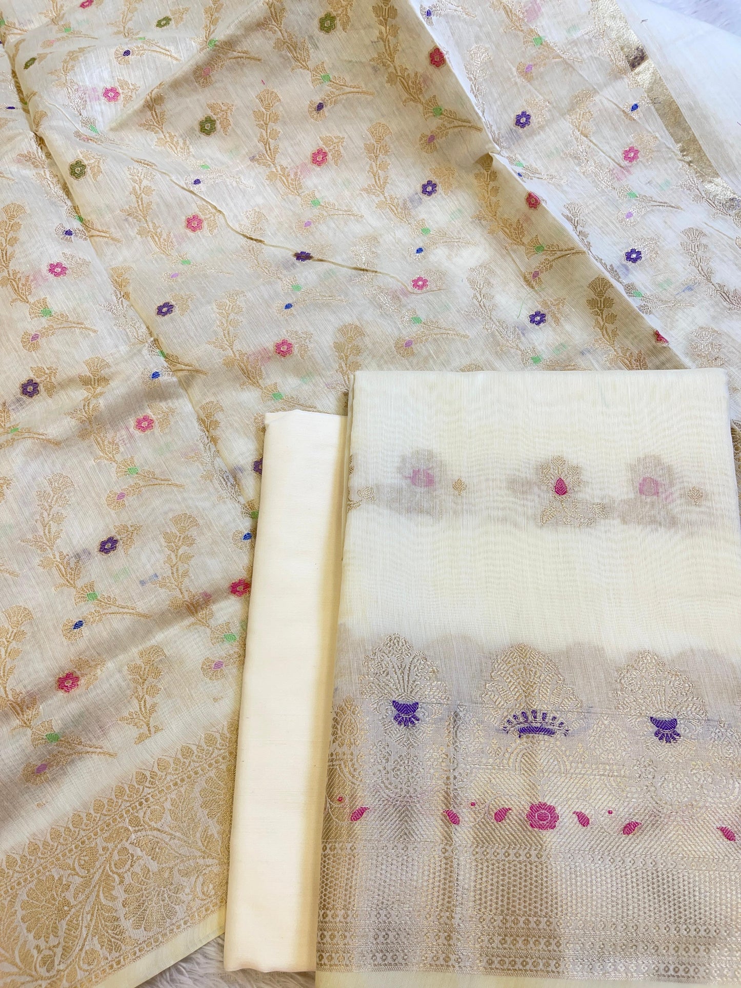 Light Yellow Cotton Floral Resham Mina Zari Booti Banarasi Suit  625SHL_CT48