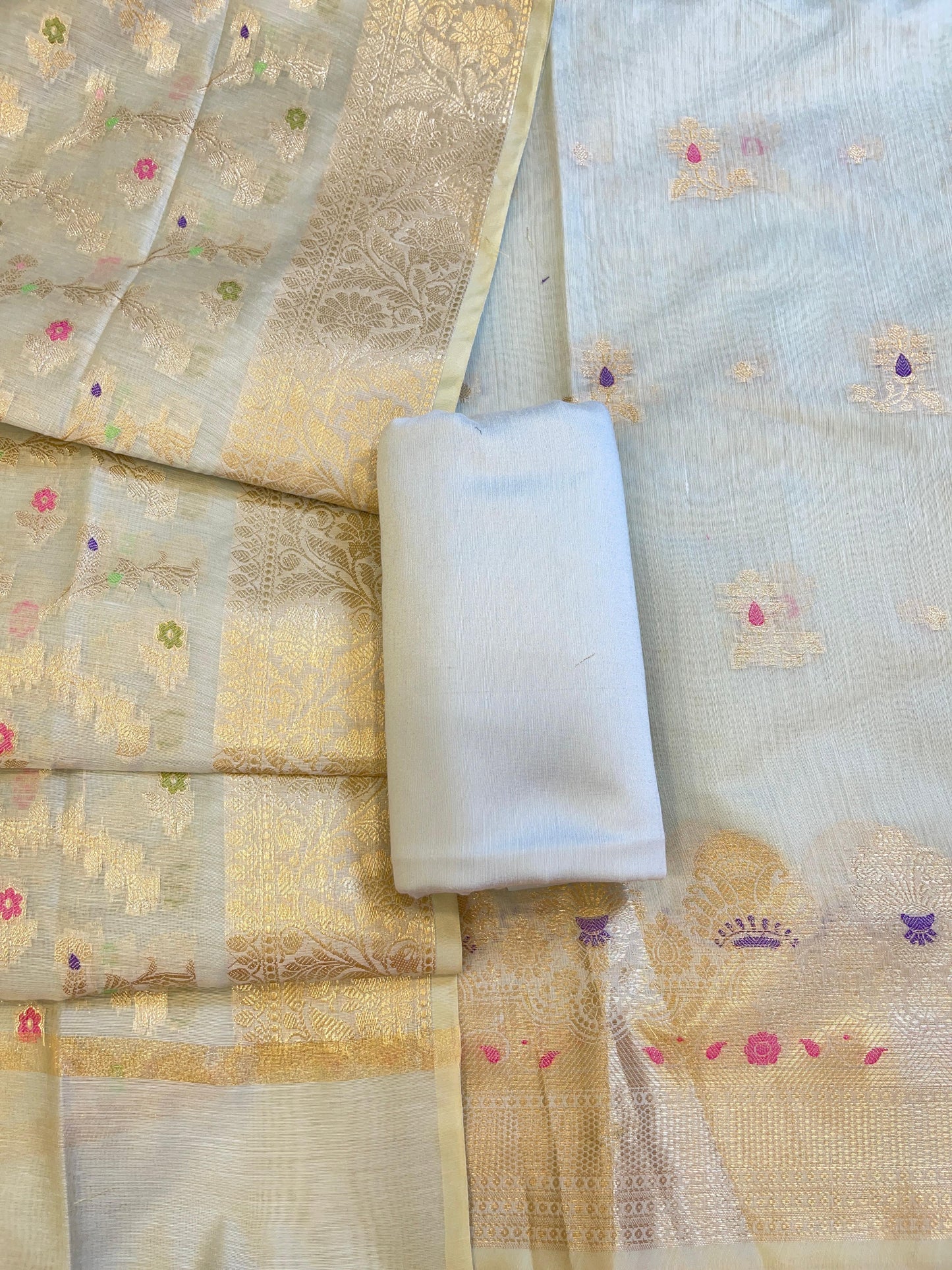 Off white Cotton Floral Resham Mina Zari Booti Banarasi Suit  625SHL_CT49
