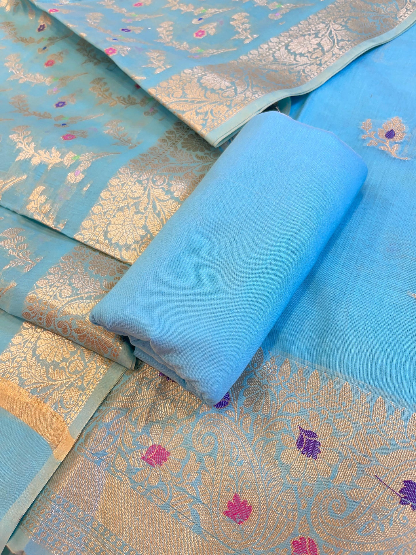 Sky Blue Cotton Resham Mina Zari Booti Paisley Mina Border Banarasi Suit 625SHL_CT6