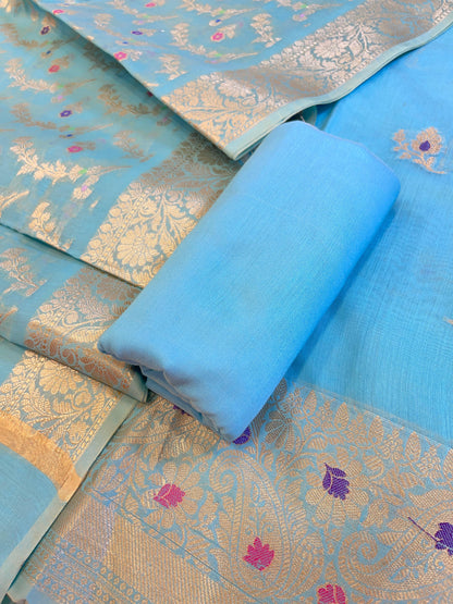 Sky Blue Cotton Resham Mina Zari Booti Paisley Mina Border Banarasi Suit 625SHL_CT6