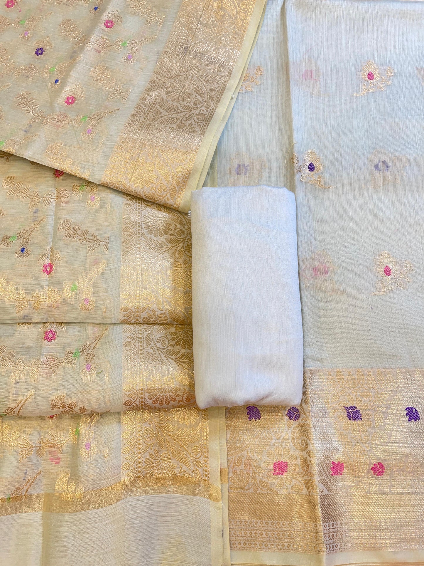 Off white Cotton Resham Mina Zari Booti Paisley Mina Border Banarasi Suit 625SHL_CT7