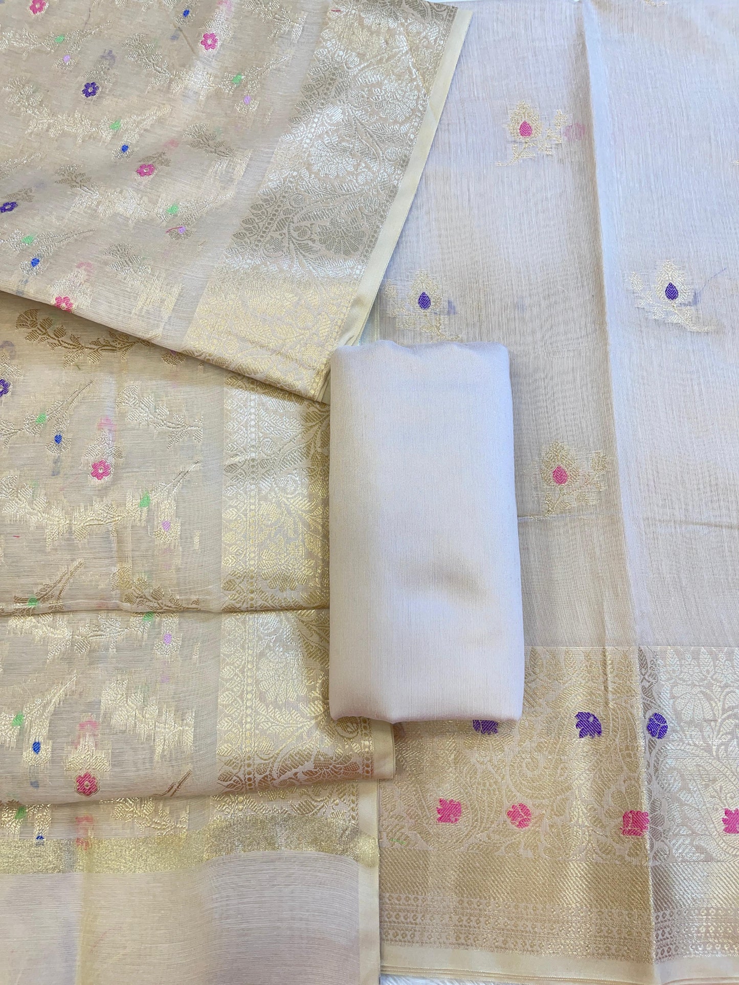 Cream Cotton Resham Mina Zari Booti Paisley Mina Border Banarasi Suit 625SHL_CT8