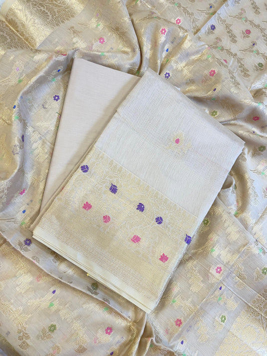 Cream Cotton Resham Mina Zari Booti Paisley Mina Border Banarasi Suit 625SHL_CT8