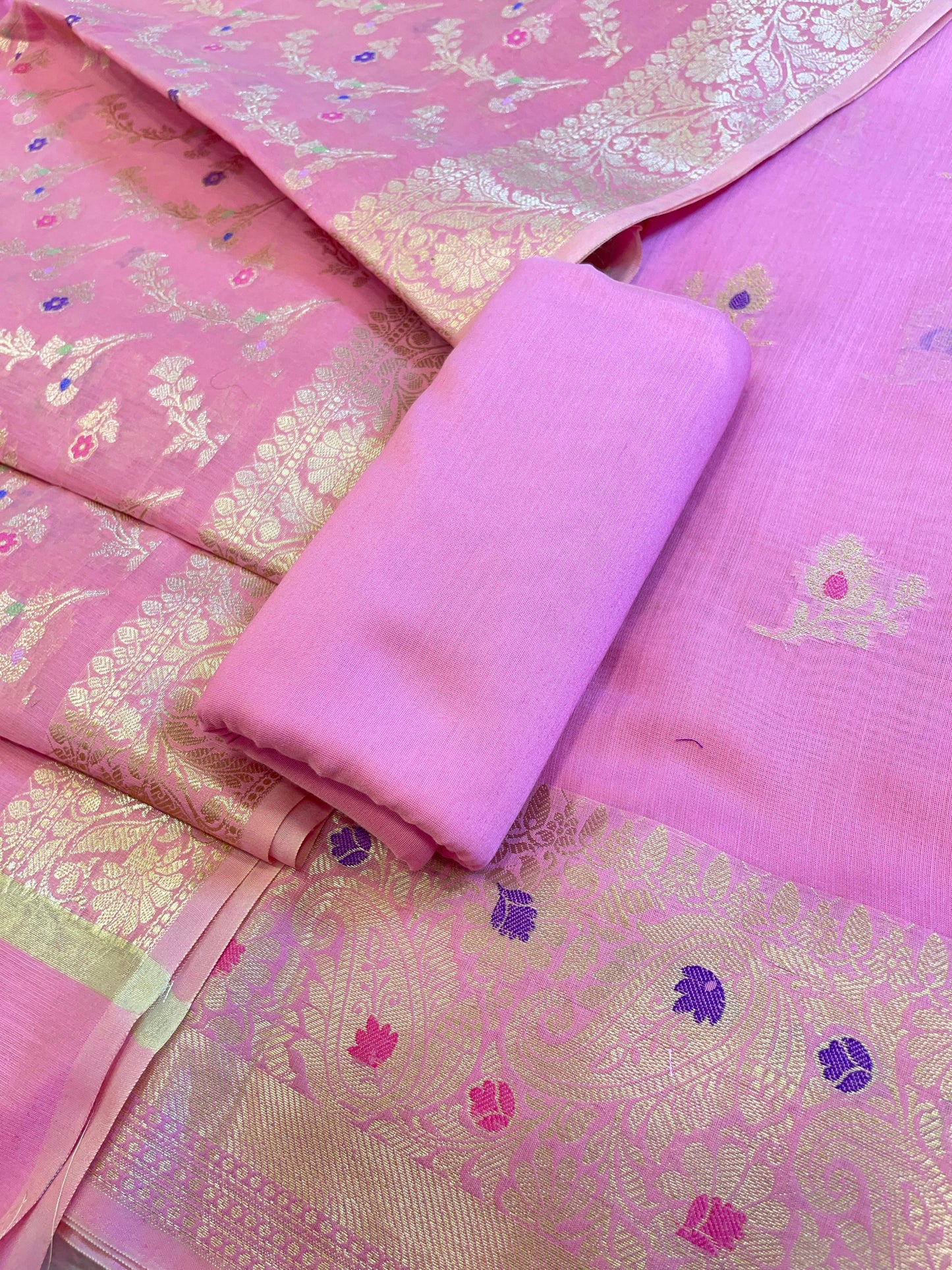 Pink Cotton Resham Mina Zari Booti Paisley Mina Border Banarasi Suit 625SHL_CT9