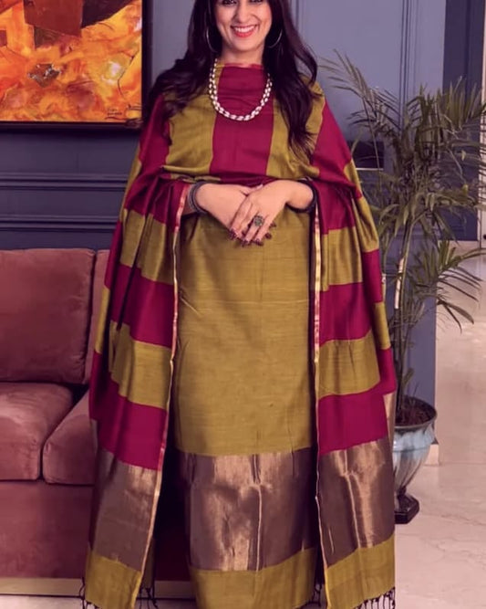 Mustard Cotton Stripe Zari Patta Banarasi Suit 650SKL_CS17