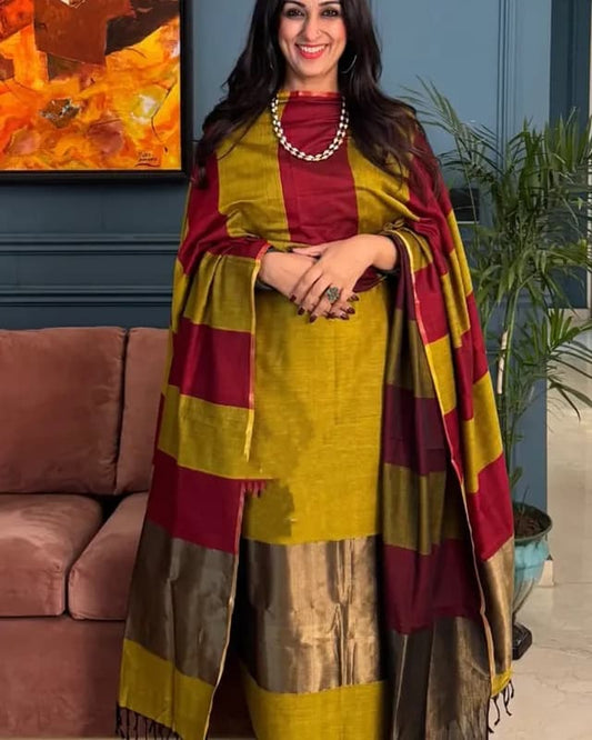 Gold Cotton Stripe Zari Patta Banarasi Suit 650SKL_CS19