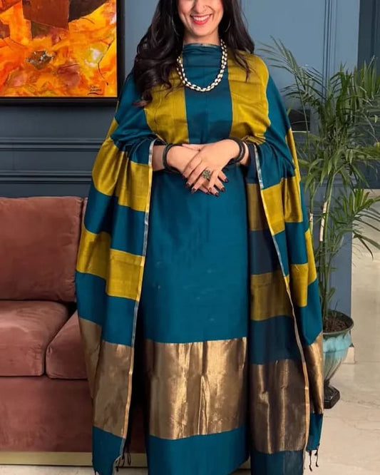 Seagreen Cotton Stripe Zari Patta Banarasi Suit 650SKL_CS20
