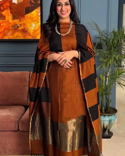 Orange Cotton Stripe Zari Patta Banarasi Suit 650SKL_CS21