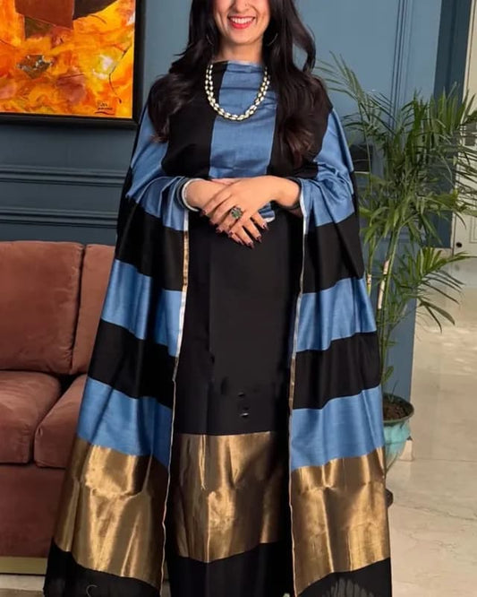 Black Cotton Stripe Zari Patta Banarasi Suit 650SKL_CS22