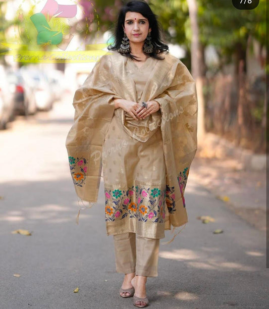 Beige Cotton Floral Zari Booti Banarasi Suit with Sleeves and Jamdani Dupatta 650SKL_JM23