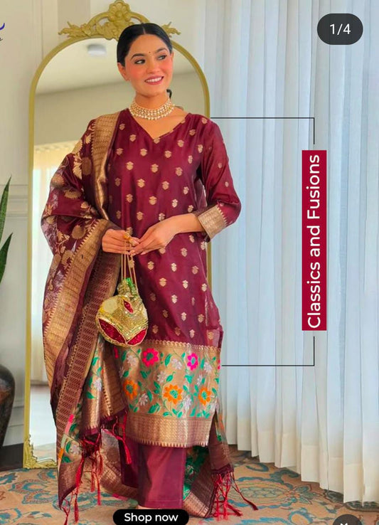 Maroon Cotton Floral Zari Booti Banarasi Suit with Sleeves and Jamdani Dupatta 650SKL_JM24