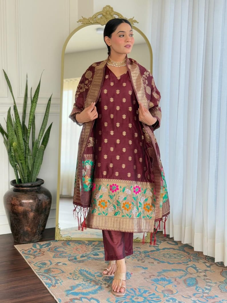 Maroon Cotton Floral Zari Booti Banarasi Suit with Sleeves and Jamdani Dupatta 650SKL_JM24