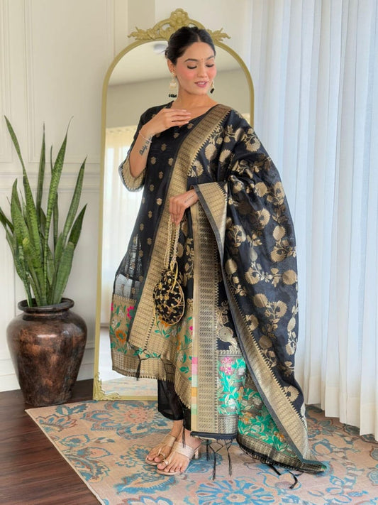 Black Cotton Floral Zari Booti Banarasi Suit with Sleeves and Jamdani Dupatta 650SKL_JM25