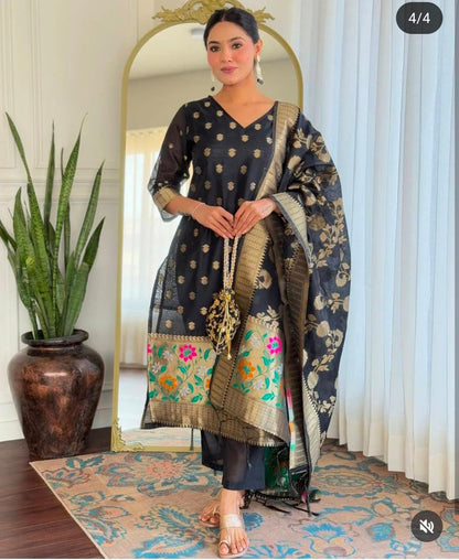 Black Cotton Floral Zari Booti Banarasi Suit with Sleeves and Jamdani Dupatta 650SKL_JM25