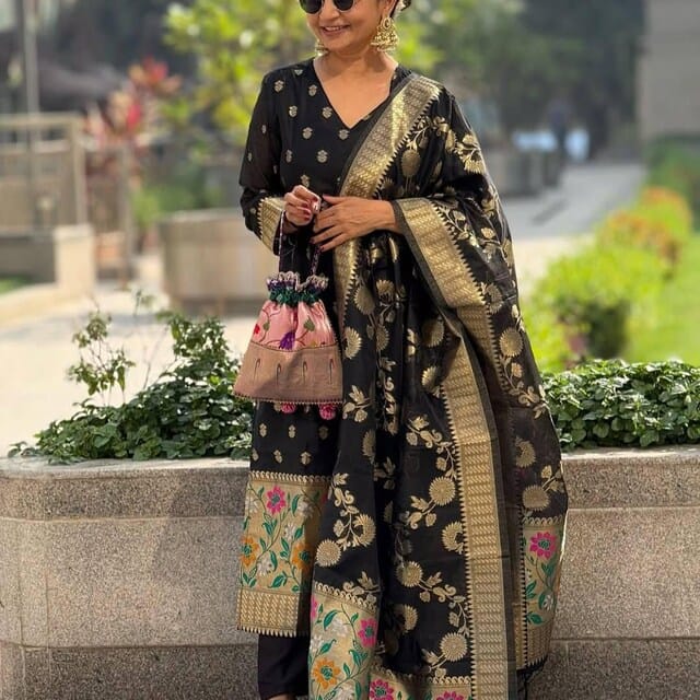 Black Cotton Floral Zari Booti Banarasi Suit with Sleeves and Jamdani Dupatta 650SKL_JM25