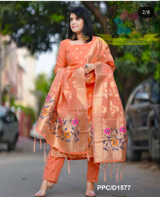 Peach Cotton Floral Zari Booti Banarasi Suit with Sleeves and Jamdani Dupatta 650SKL_JM26