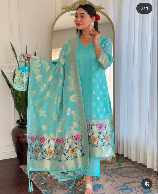 Sky Blue Cotton Floral Zari Booti Banarasi Suit with Sleeves and Jamdani Dupatta 650SKL_JM27