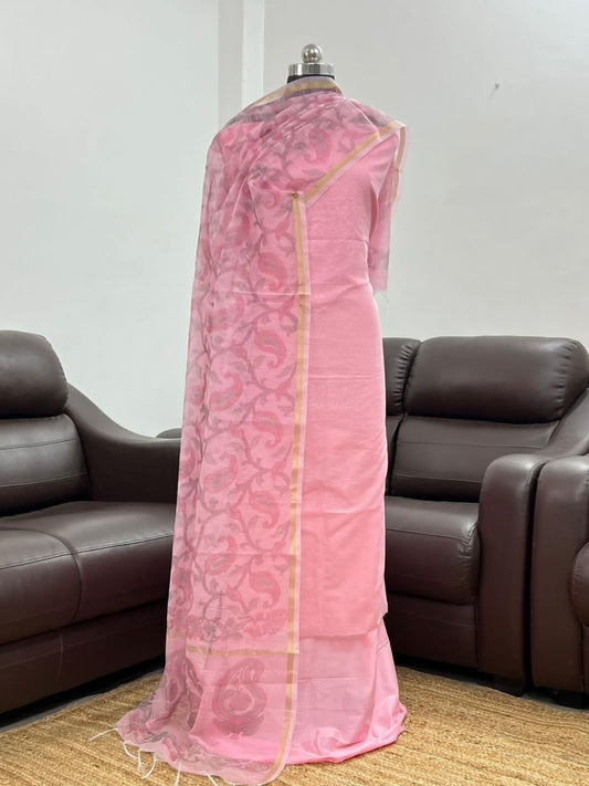 Pink Green Linen Silk Plain with Printed Jaal Dupatta Banarasi Suit 650SKL_LN34