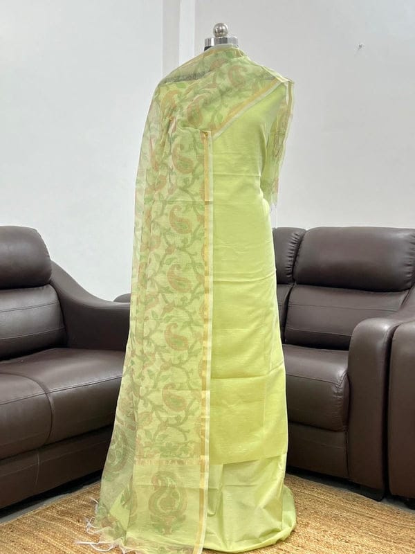 Pista Green Linen Silk Plain with Printed Jaal Dupatta Banarasi Suit 650SKL_LN35