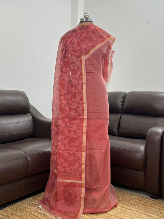 Red Linen Silk Plain with Printed Jaal Dupatta Banarasi Suit 650SKL_LN36