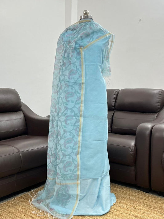 Sky Blue Linen Silk Plain with Printed Jaal Dupatta Banarasi Suit 650SKL_LN37