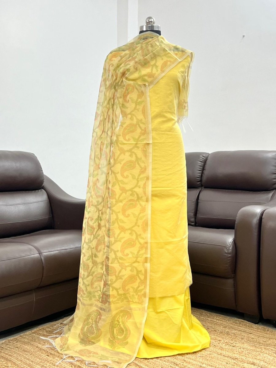 Yellow Linen Silk Plain with Printed Jaal Dupatta Banarasi Suit 650SKL_LN39