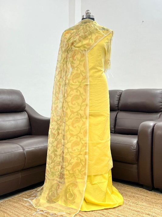 Yellow Linen Silk Plain with Printed Jaal Dupatta Banarasi Suit 650SKL_LN39