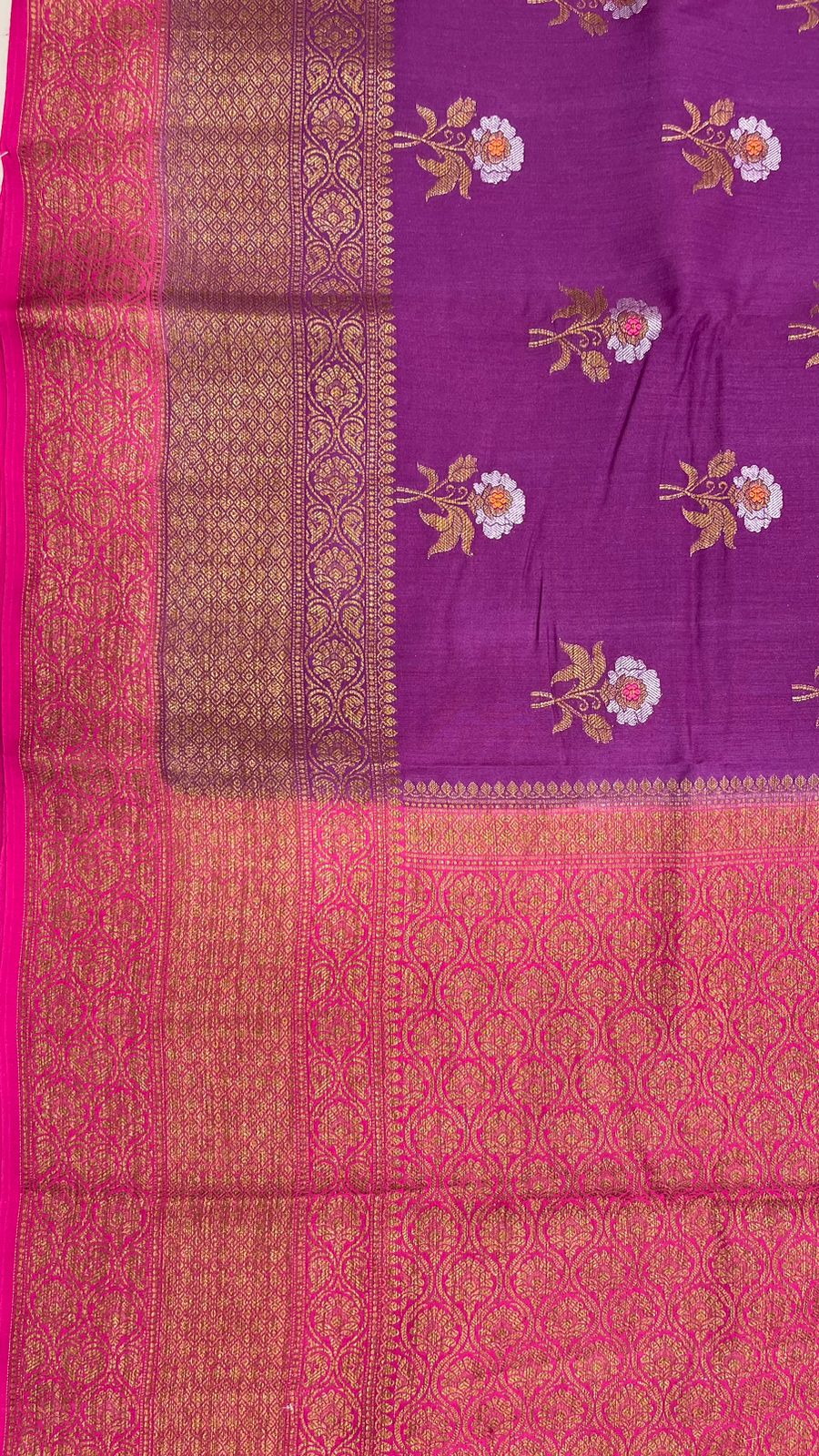 Faishana Pure Silk Handloom Purple Muga Silk Zari Mina Floral Booti Contrast Magenta Anchal Copper Zari Border Banarasi Saree with Magenta Blouse