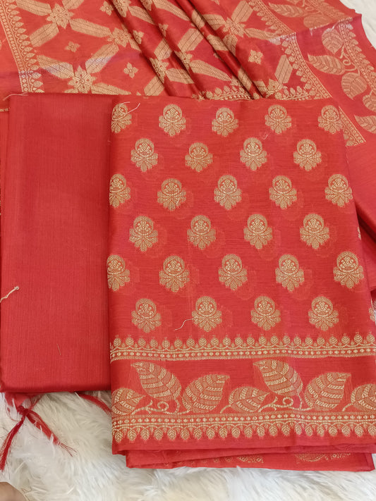 Red Cotton Blend Floral Zari Booti with Zig-Zag Zari Jaal Dupatta Banarasi Suit 65SHL_PV1
