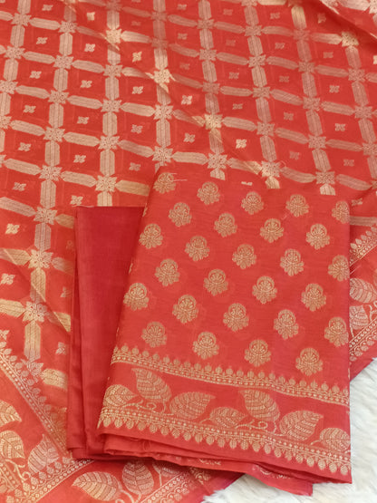 Red Cotton Blend Floral Zari Booti with Zig-Zag Zari Jaal Dupatta Banarasi Suit 65SHL_PV1