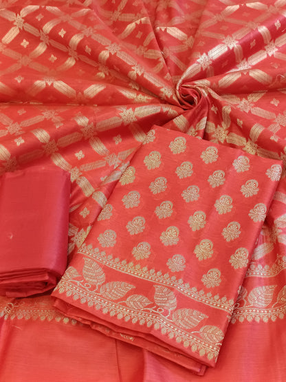 Red Cotton Blend Floral Zari Booti with Zig-Zag Zari Jaal Dupatta Banarasi Suit 65SHL_PV1