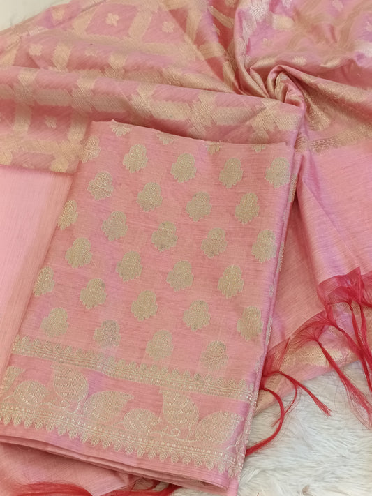 Pink Cotton Blend Floral Zari Booti with Zig-Zag Zari Jaal Dupatta Banarasi Suit 65SHL_PV2