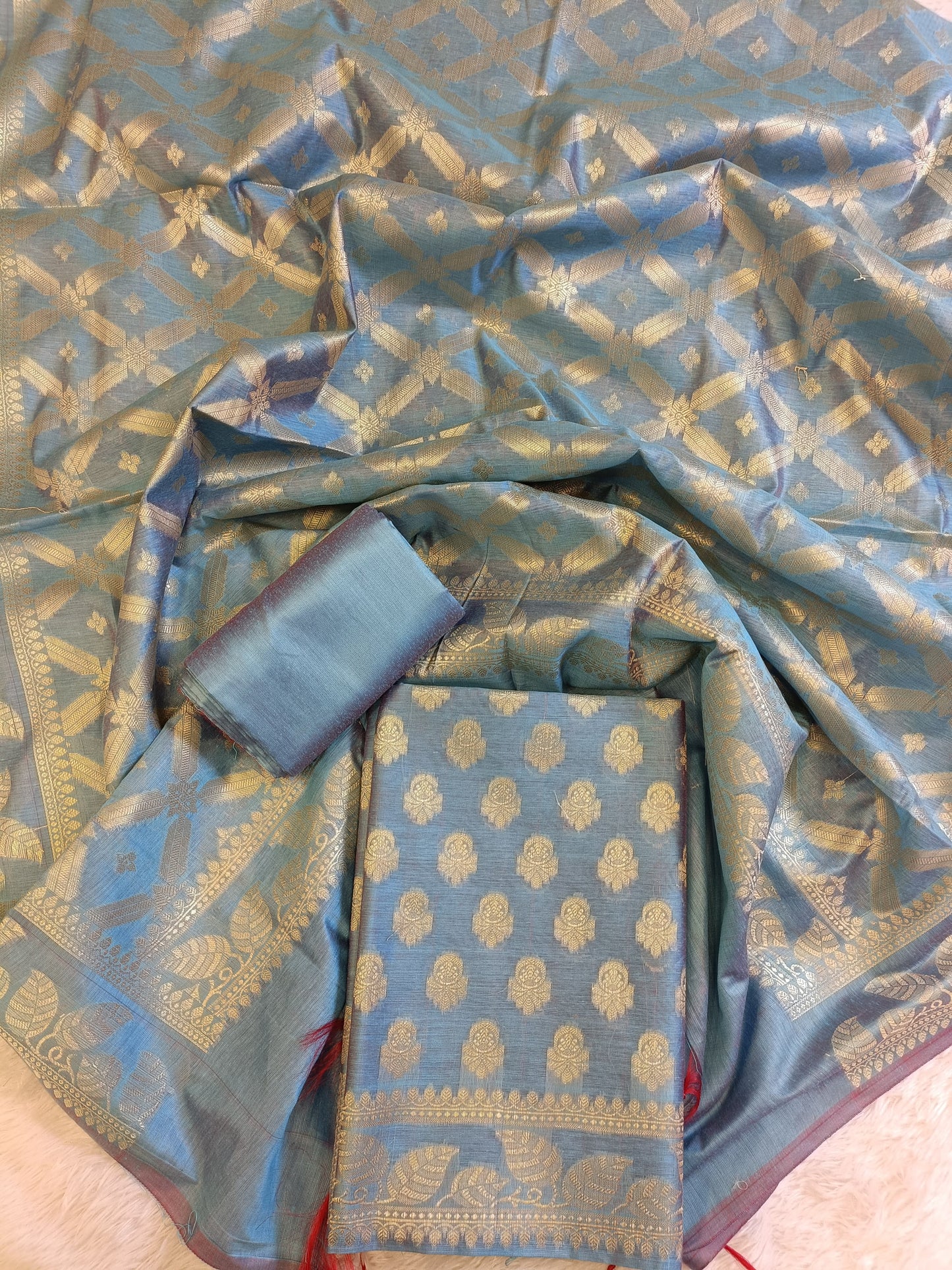 Light Blue Cotton Blend Floral Zari Booti with Zig-Zag Zari Jaal Dupatta Banarasi Suit 65SHL_PV5