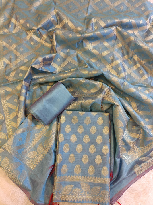 Light Blue Cotton Blend Floral Zari Booti with Zig-Zag Zari Jaal Dupatta Banarasi Suit 65SHL_PV5