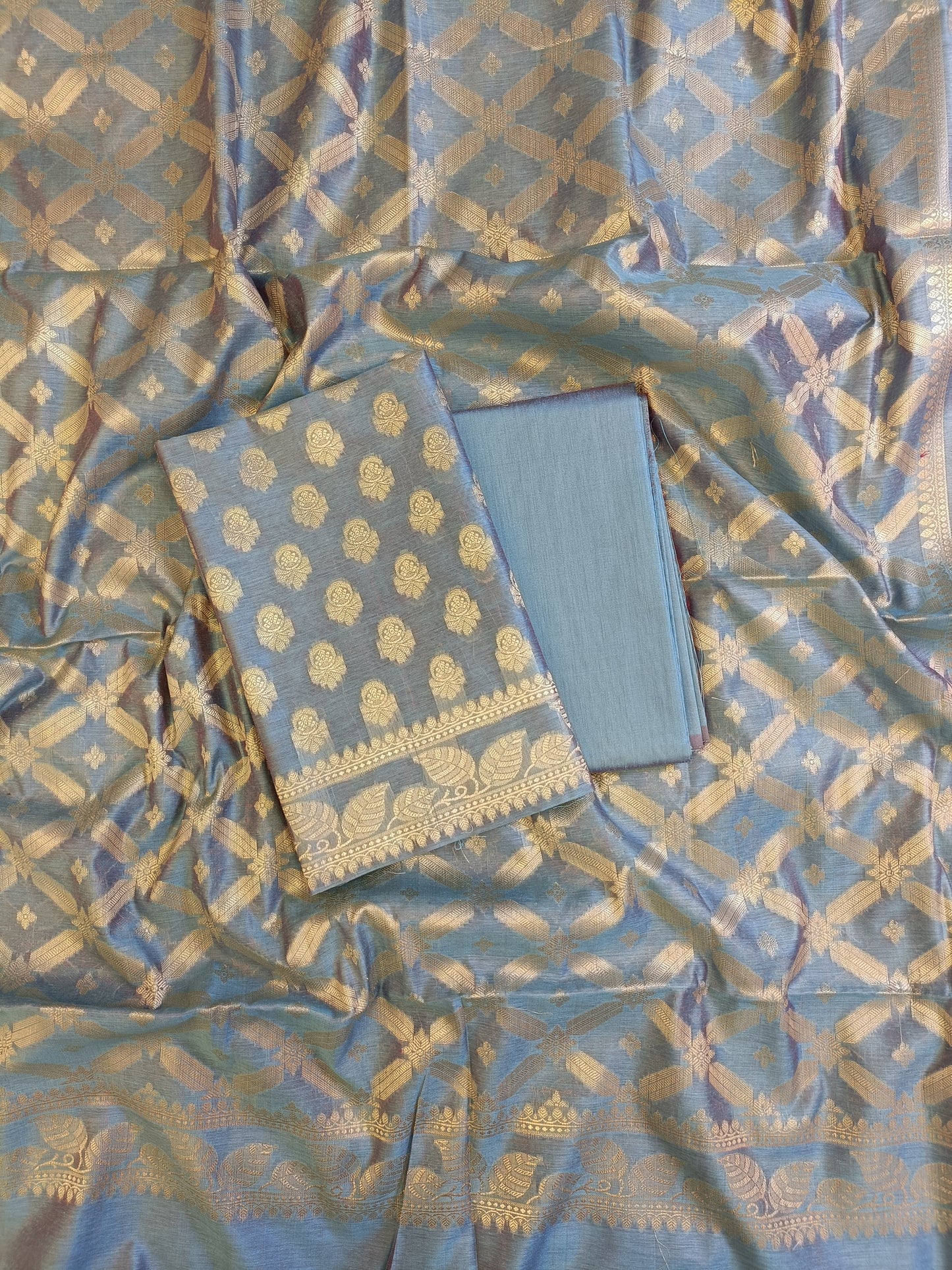 Light Blue Cotton Blend Floral Zari Booti with Zig-Zag Zari Jaal Dupatta Banarasi Suit 65SHL_PV5