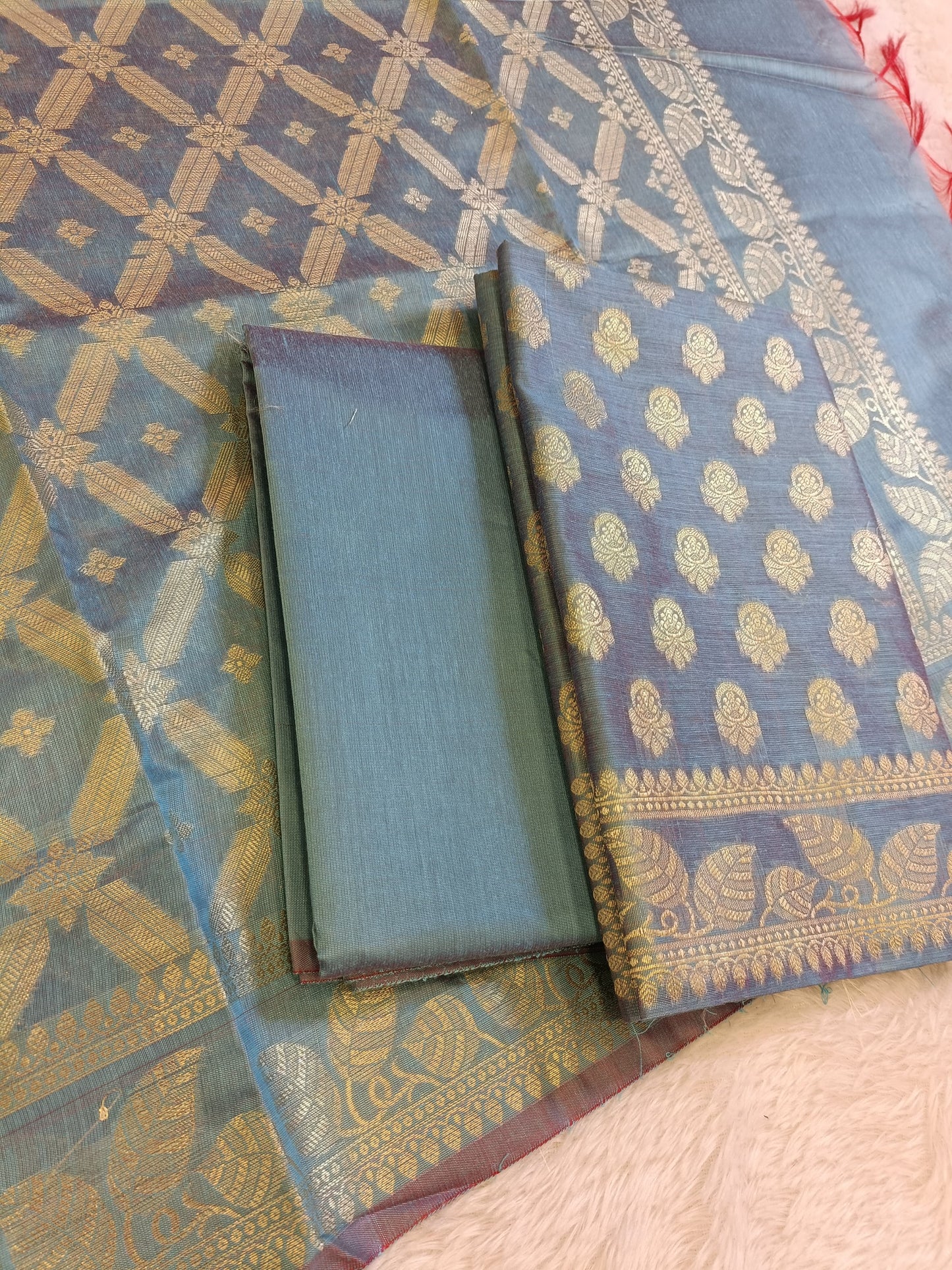 Light Blue Cotton Blend Floral Zari Booti with Zig-Zag Zari Jaal Dupatta Banarasi Suit 65SHL_PV5
