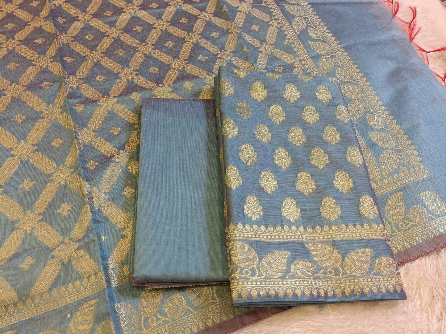 Light Blue Cotton Blend Floral Zari Booti with Zig-Zag Zari Jaal Dupatta Banarasi Suit 65SHL_PV5