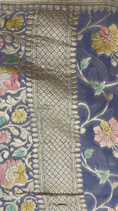 Faishana Pure Silk Handloom Exquisite Grey Khaddi Georgette Hand Brush Floral Zari Kadhwa Jaal with Banarasi Zari Border with Grey Blouse