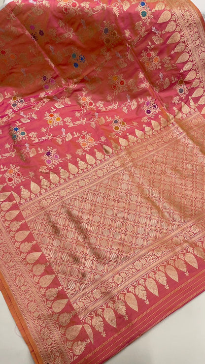 Timeless Elegance: Faishana Pure Silk Handloom Unveils Peach Ektara Dhoop Chav Katan Silk Kadhua Minakari Floral Jangla Jaal with Peach Stripe Blouse Saree