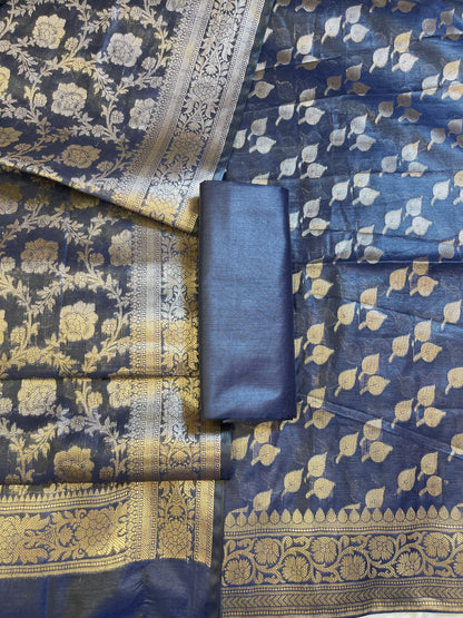 Navy Blue Cotton Silk Floral Zari Booti Banarasi 3 pcs Suit Set 675JVC_129