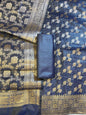 Navy Blue Cotton Silk Floral Zari Booti Banarasi 3 pcs Suit Set 675JVC_129