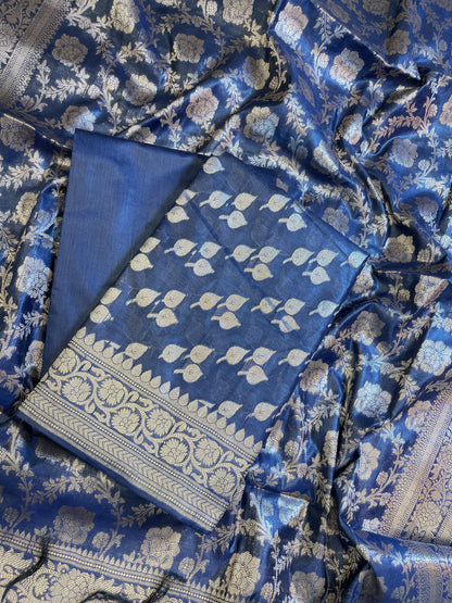 Navy Blue Cotton Silk Floral Zari Booti Banarasi 3 pcs Suit Set 675JVC_129