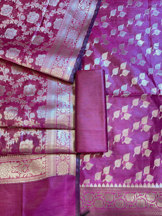 Magenta Cotton Silk Floral Zari Booti Banarasi 3 pcs Suit Set 675JVC_130